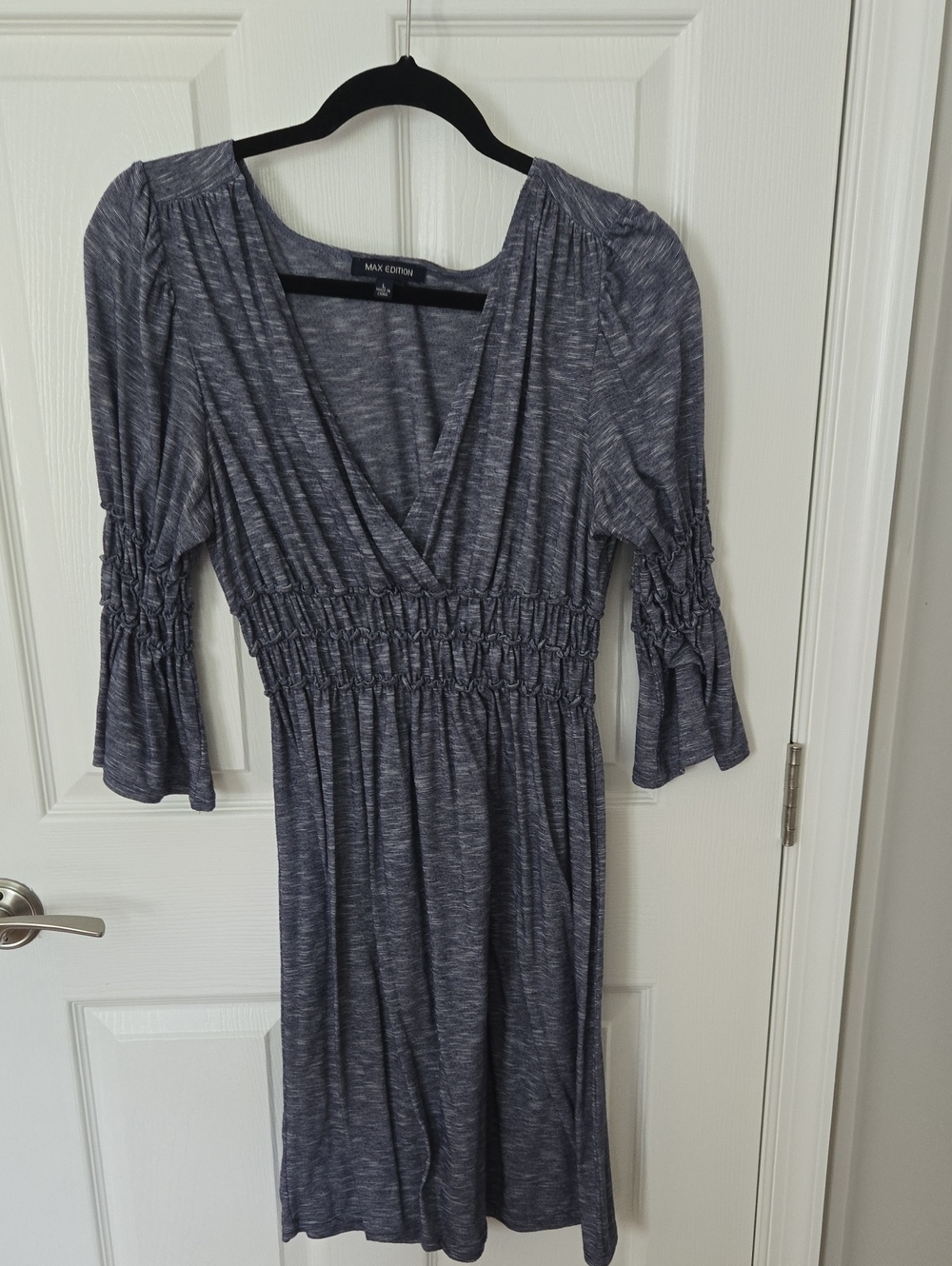 Max Edition Heather Navy Smocked-Waist Midi Dress